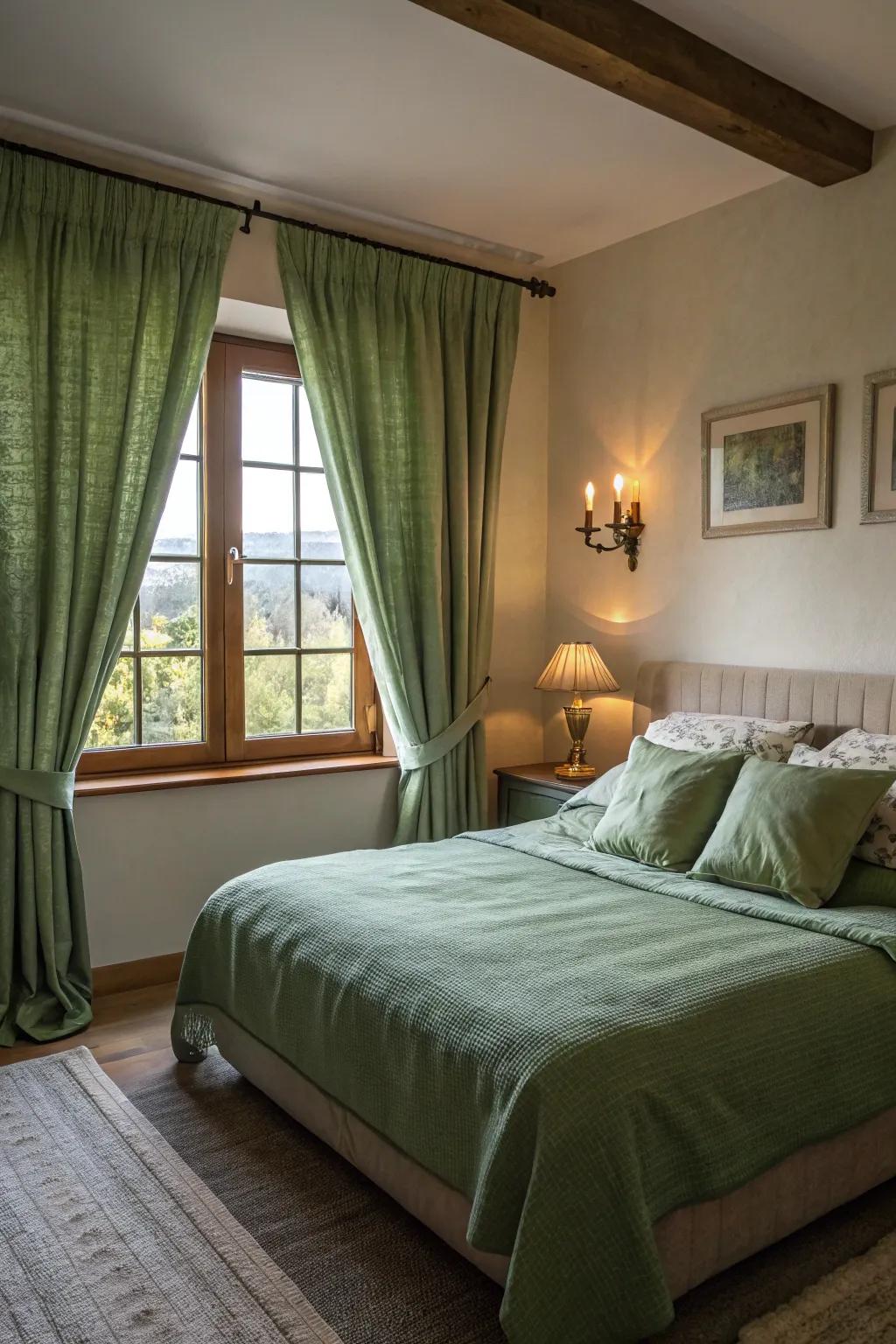 Olive green curtains complete the cohesive look with the bedding.