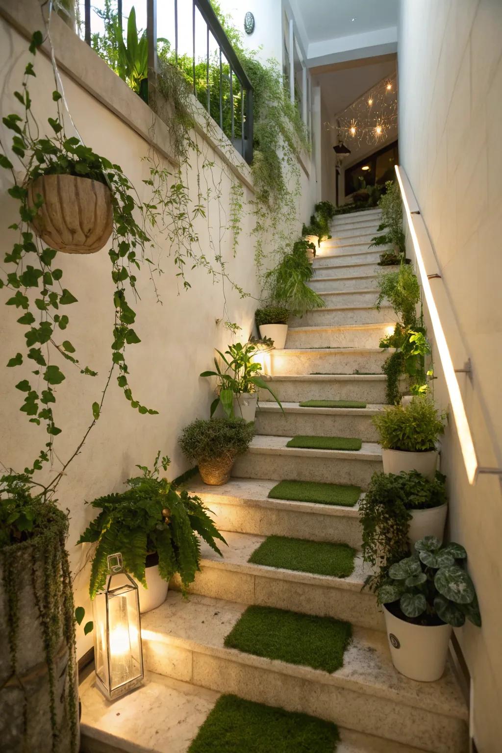 Trailing plants around the staircase introduce natural beauty.