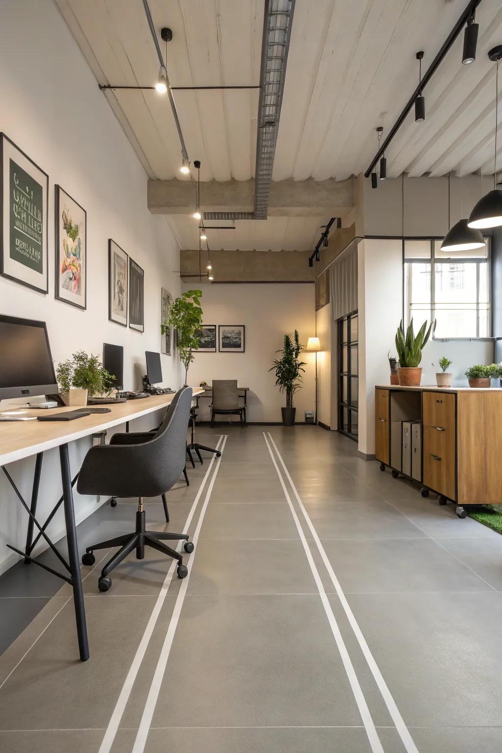 An office with minimalist painted floors, providing a clean and focused environment.