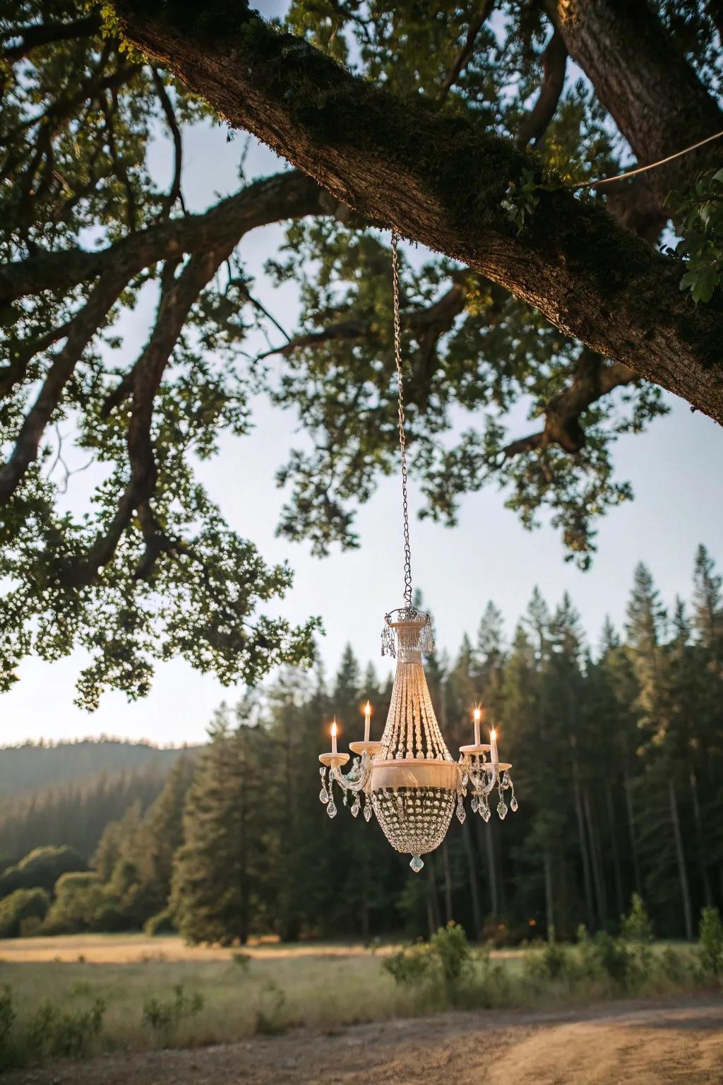 A chandelier adds unexpected elegance to the outdoor setting.