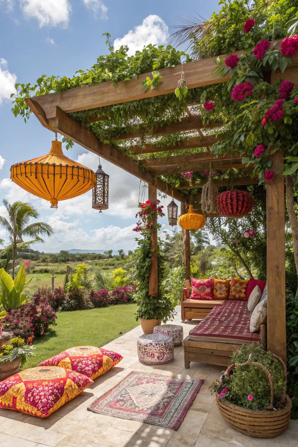 A tropical paradise theme brings island vibes to this pergola.