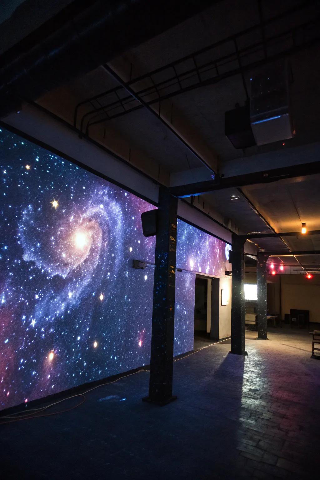 A galaxy-themed wall with cosmic projections, creating a stellar photo op space.