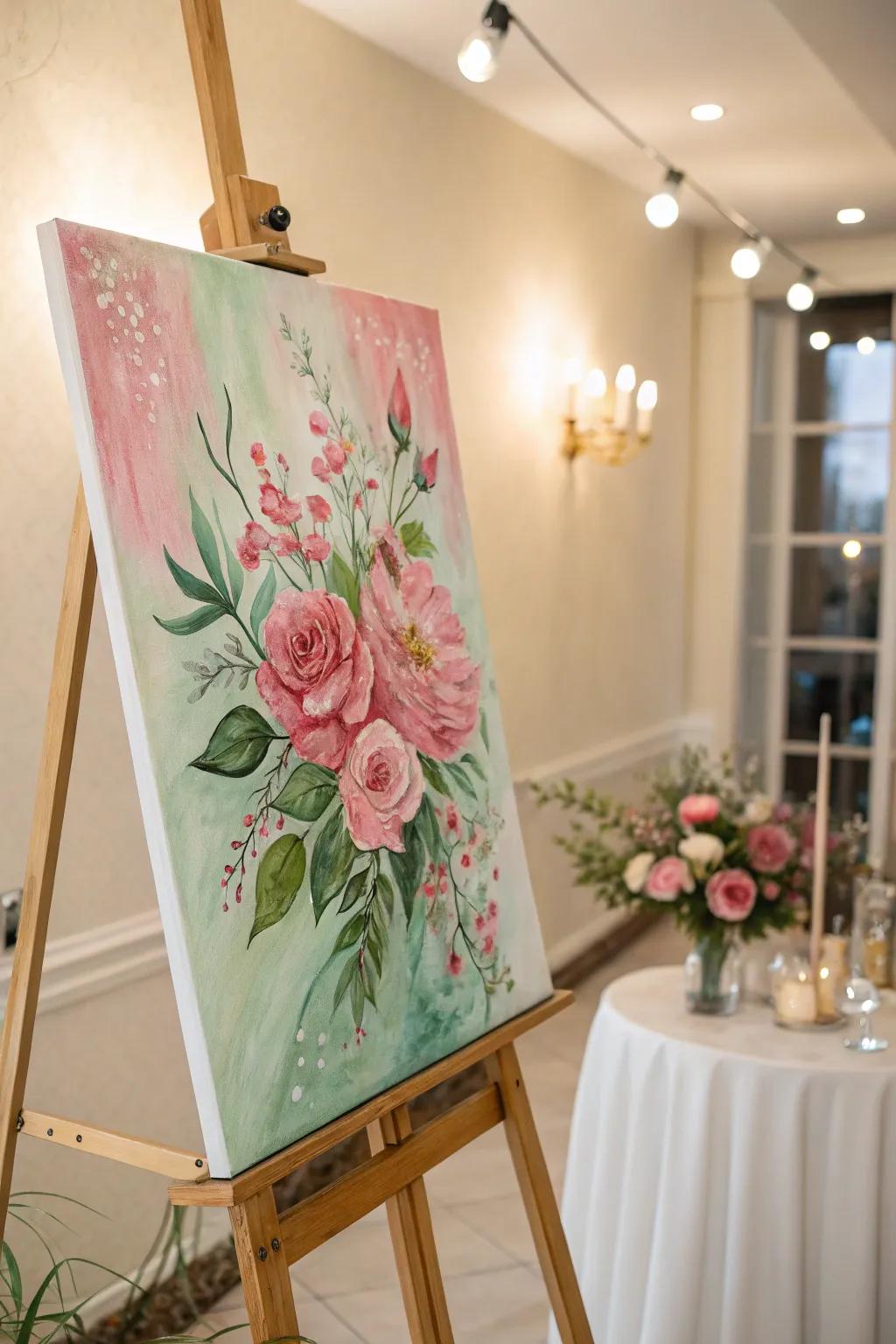 Harmonious painting with pink and green colors.