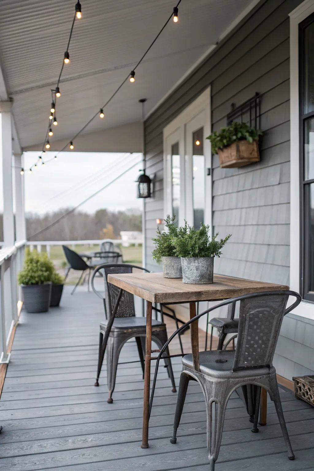 A steely gray porch that embraces a modern industrial aesthetic.