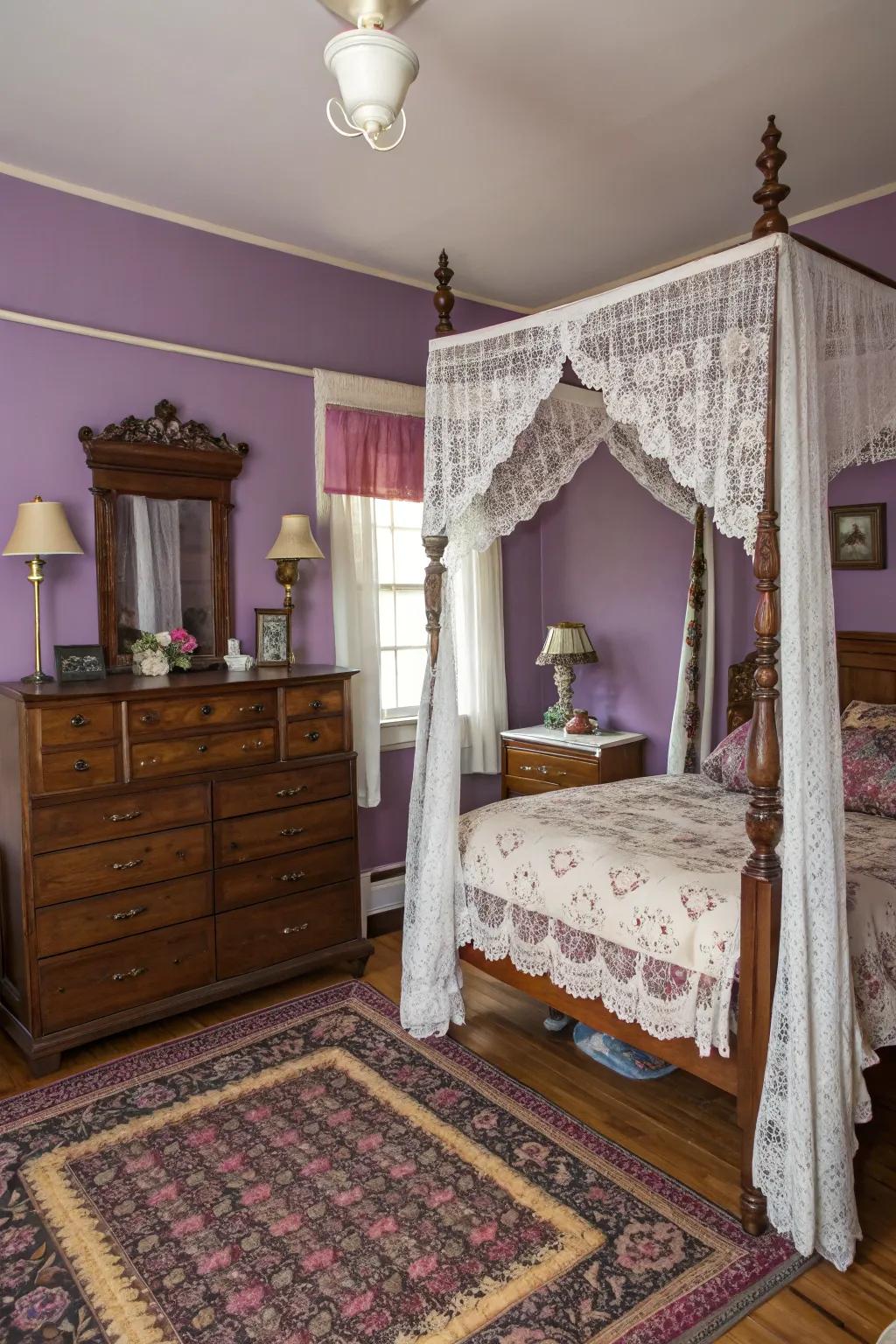 Vintage elements creating a cozy atmosphere with purple walls.