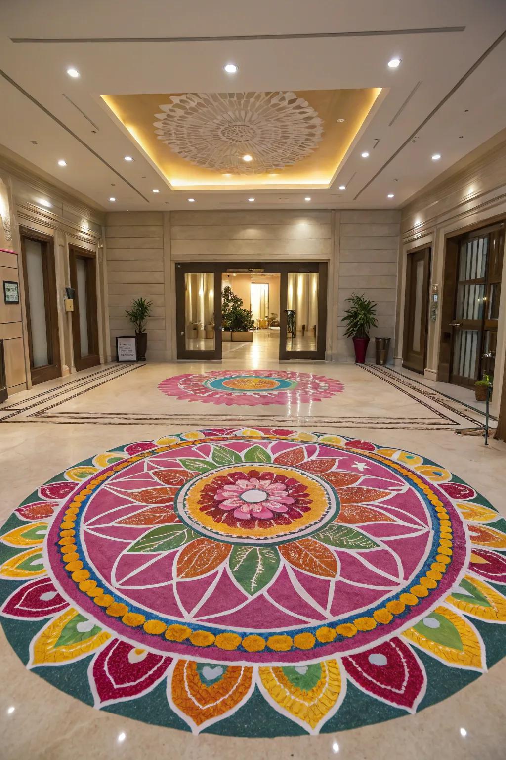 A large-scale rangoli makes a bold and dramatic statement.