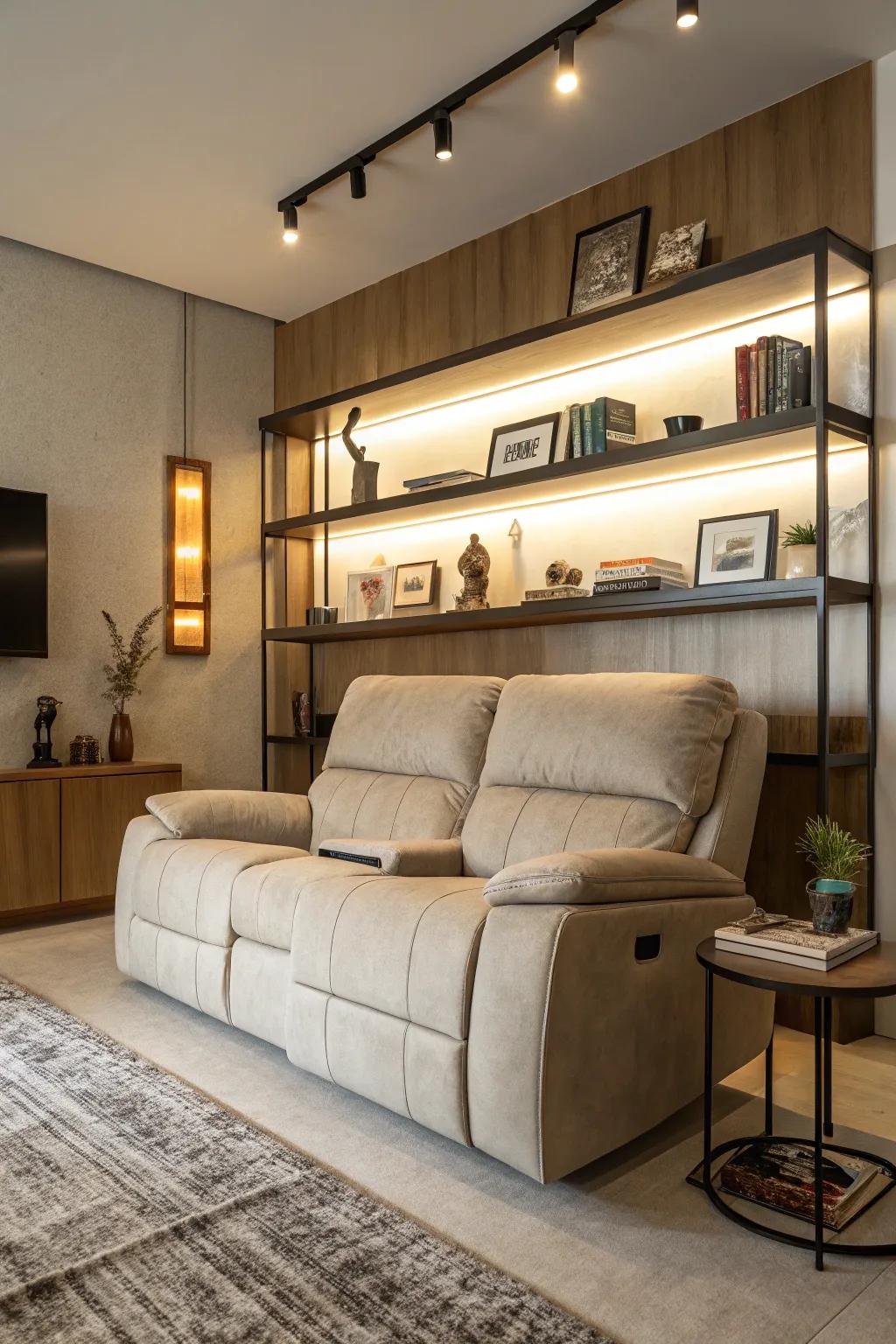 A functional living room with wall-mounted shelves complementing the recliner sofa.