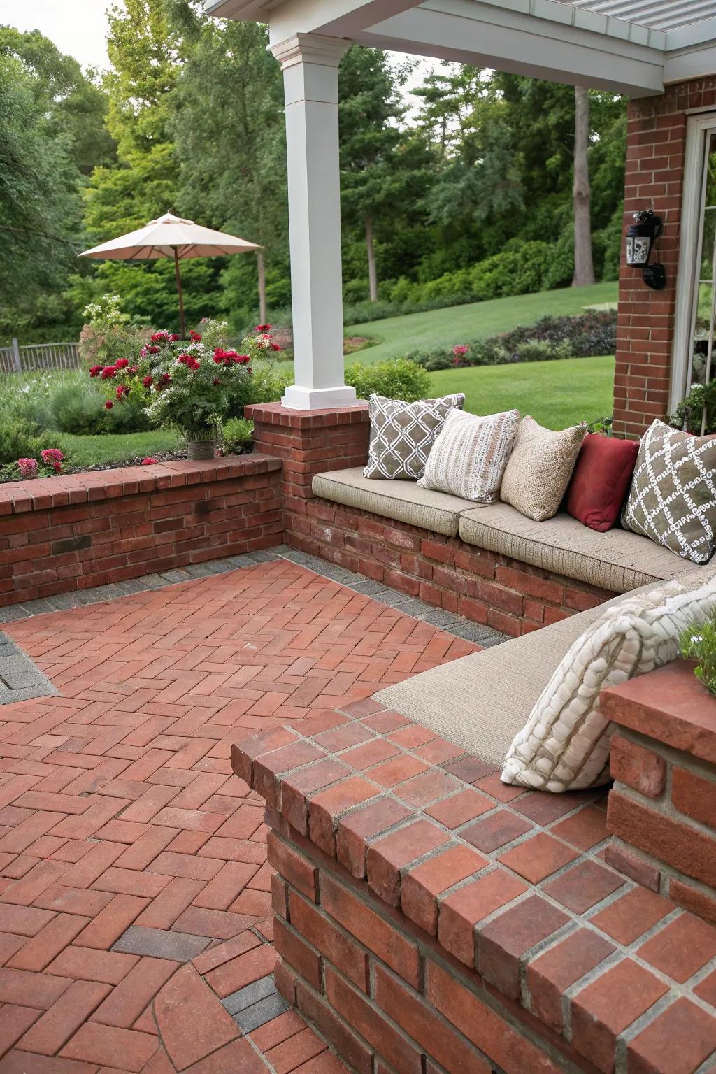 A red brick patio featuring comfortable built-in seating solutions