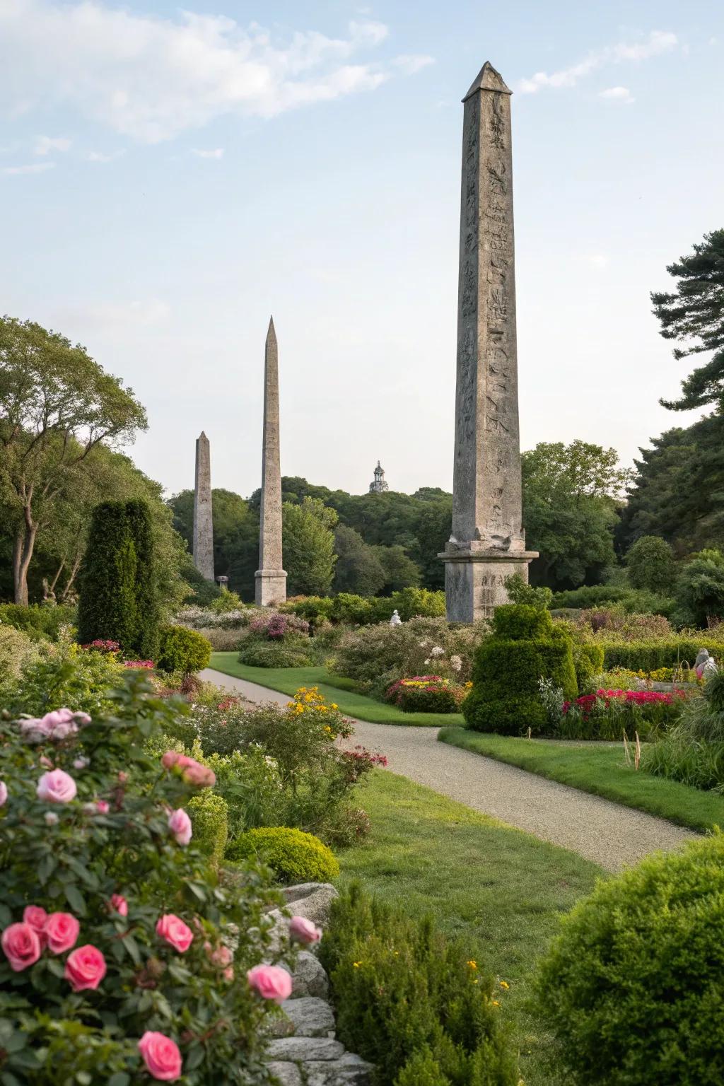 Rock obelisks stand tall as focal points in the garden.