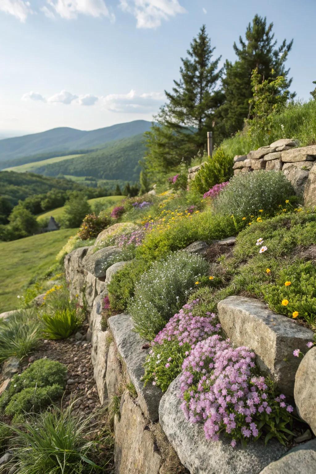 Rock walls with alpine plants create a unique garden haven.