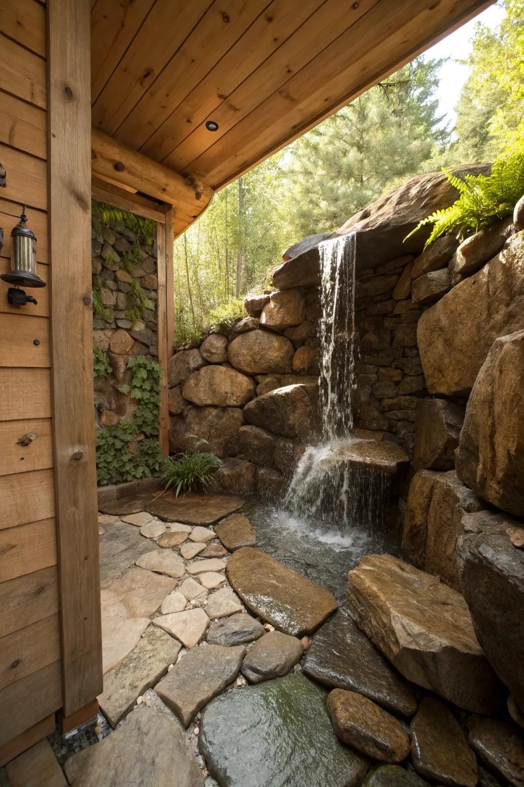 Waterfall features enhance the rustic experience.