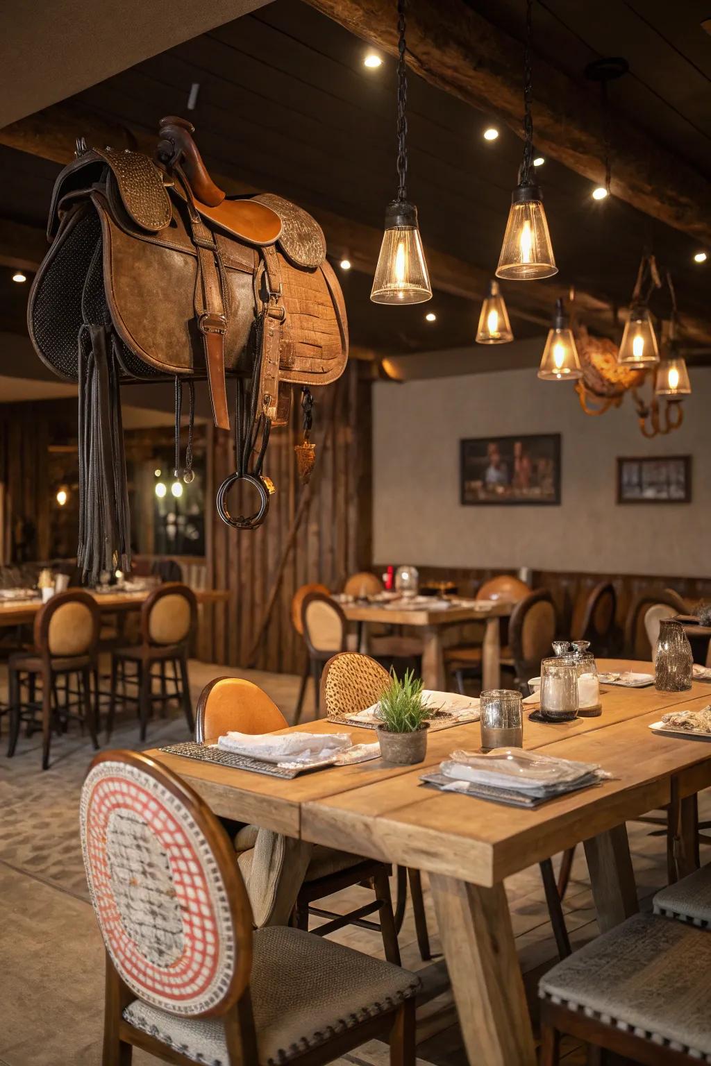 Riding seat-inspired lighting units cast a warm glow within this country dining area.