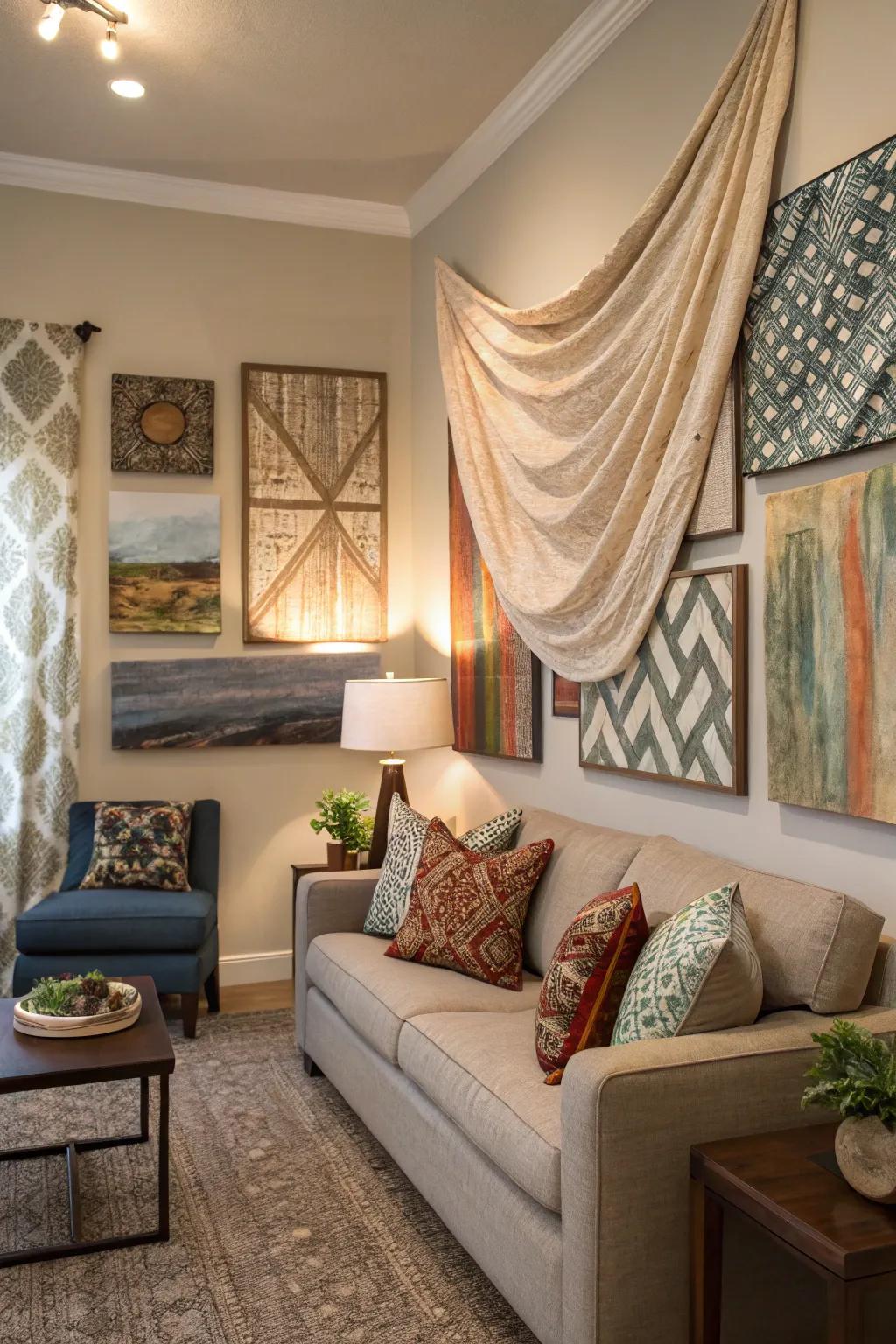 A living area with overlapping textural art combining material and fabric