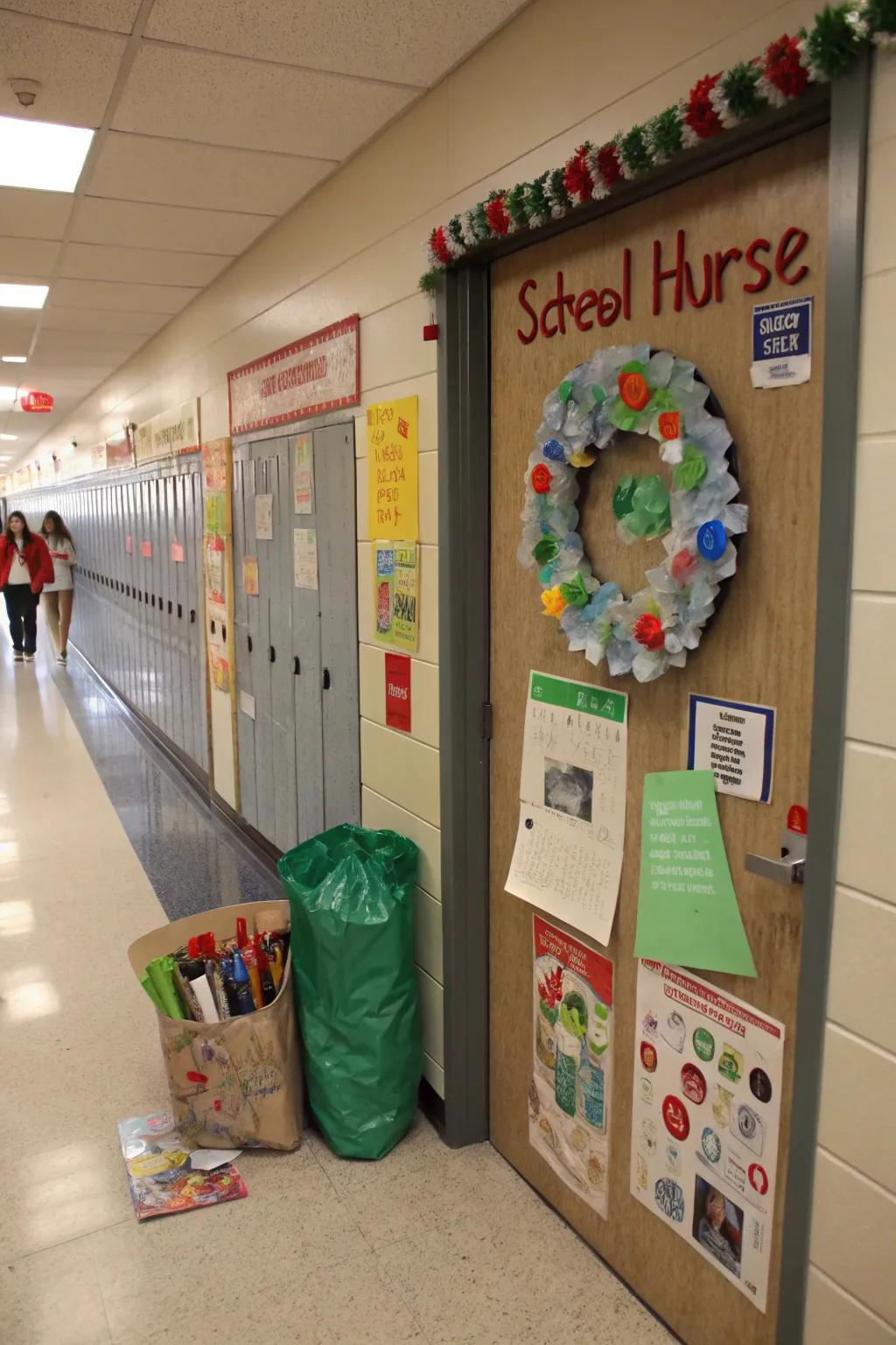 An eco-friendly school nurse door utilizing recycled materials.