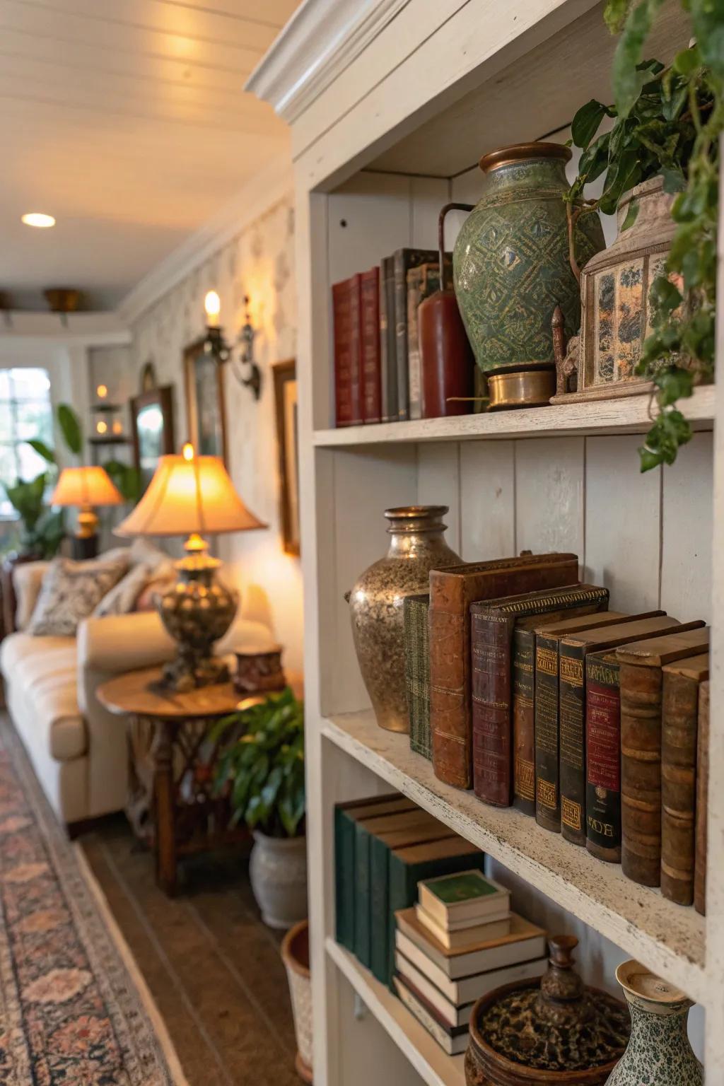 Vintage finds add character and charm to shelf displays.