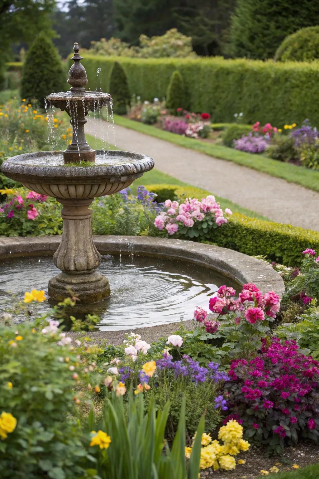 A tranquil garden with a small fountain enhancing the ambiance.