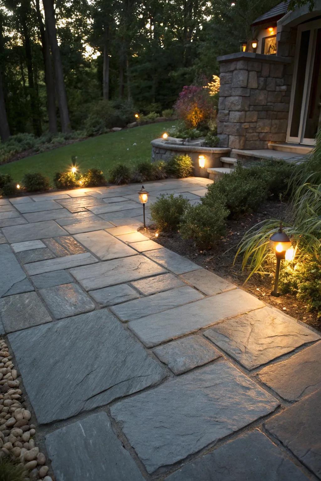 A slate patio with concealed illumination fashioning an enchanting evening ambiance.