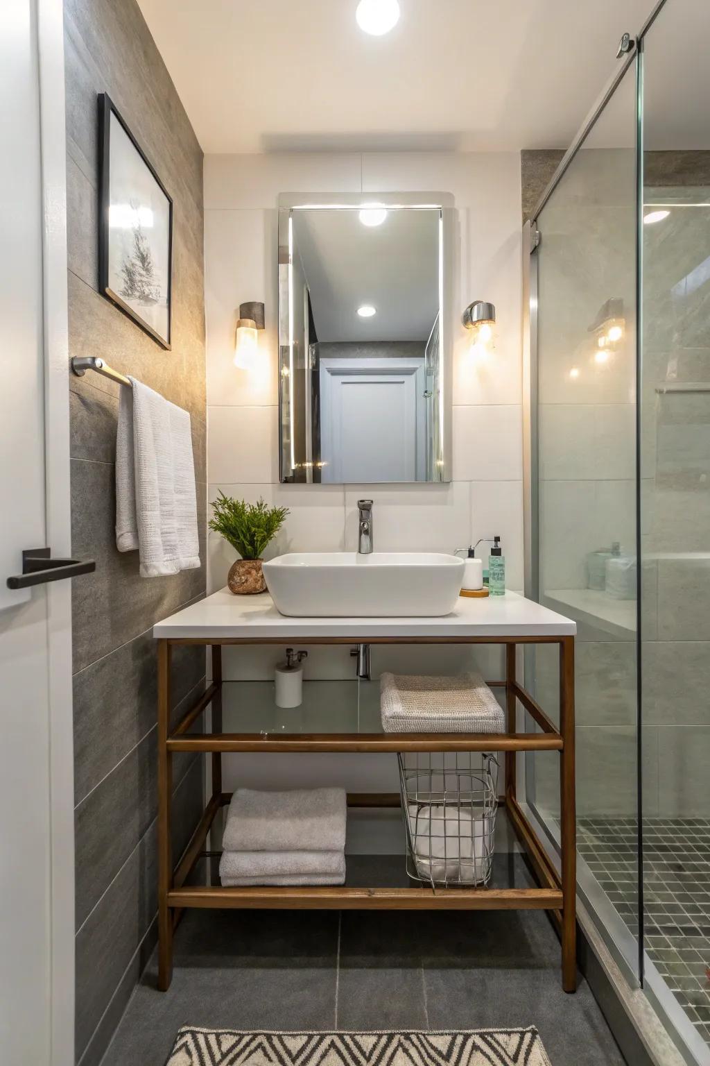 An asymmetrical vanity that introduces a unique and contemporary flair to a small bathroom.