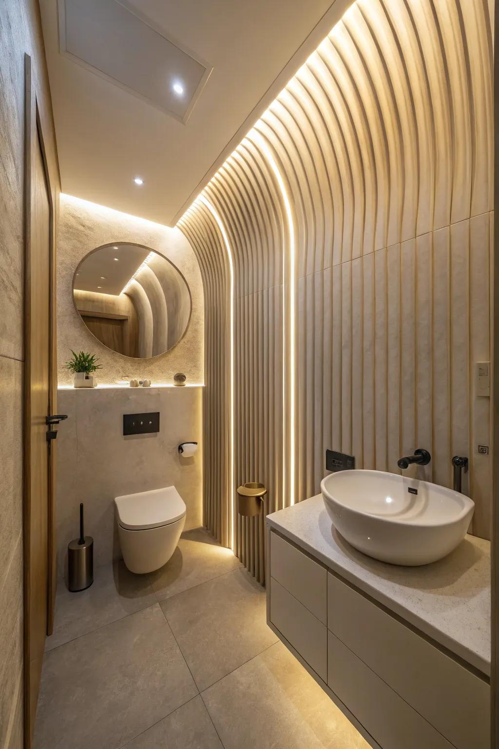 Curvilinear segments in a diminutive bathroom, proffering a delicate and elegant design.