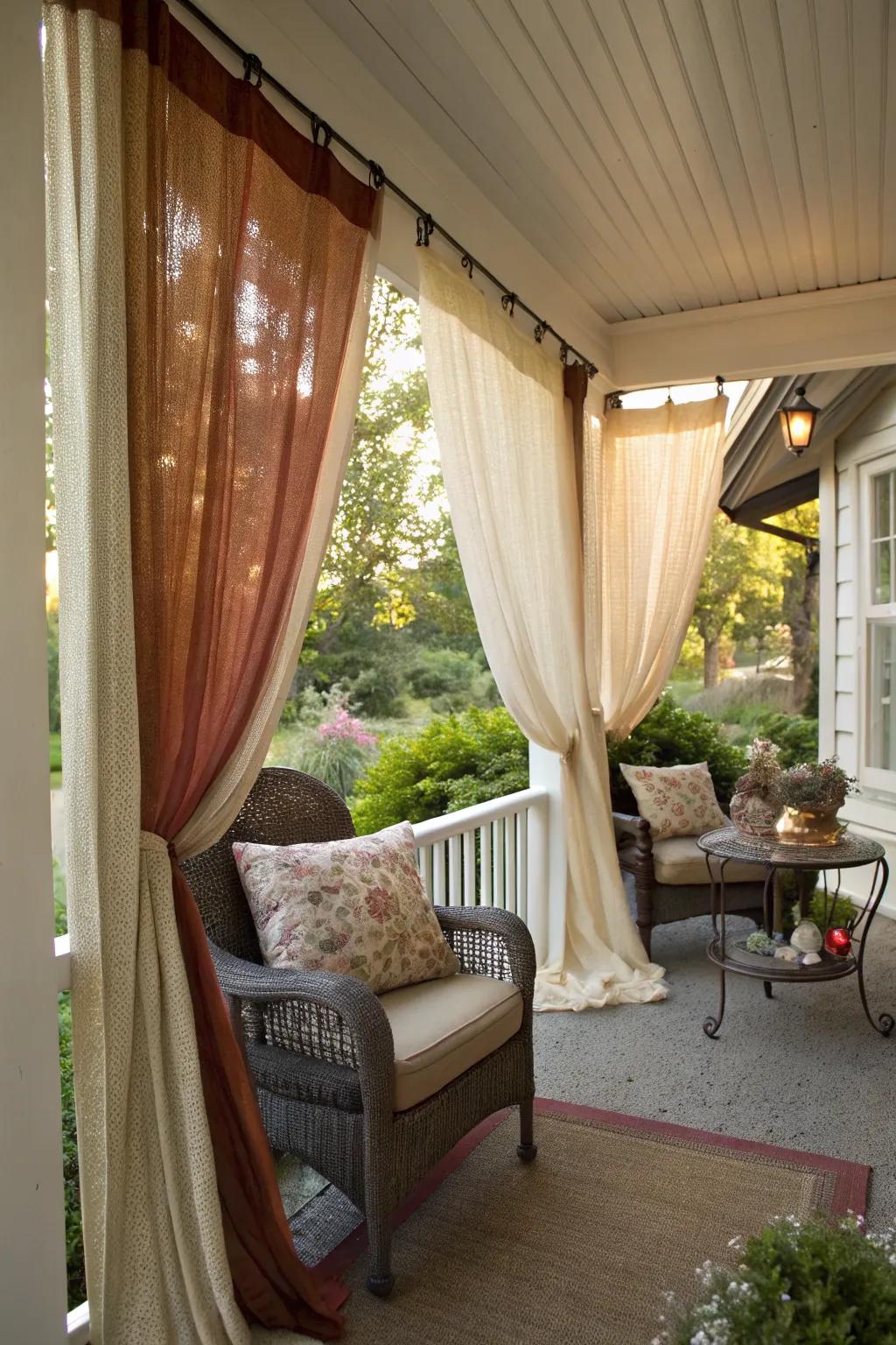 Layered curtains offer a textured and inviting porch experience.