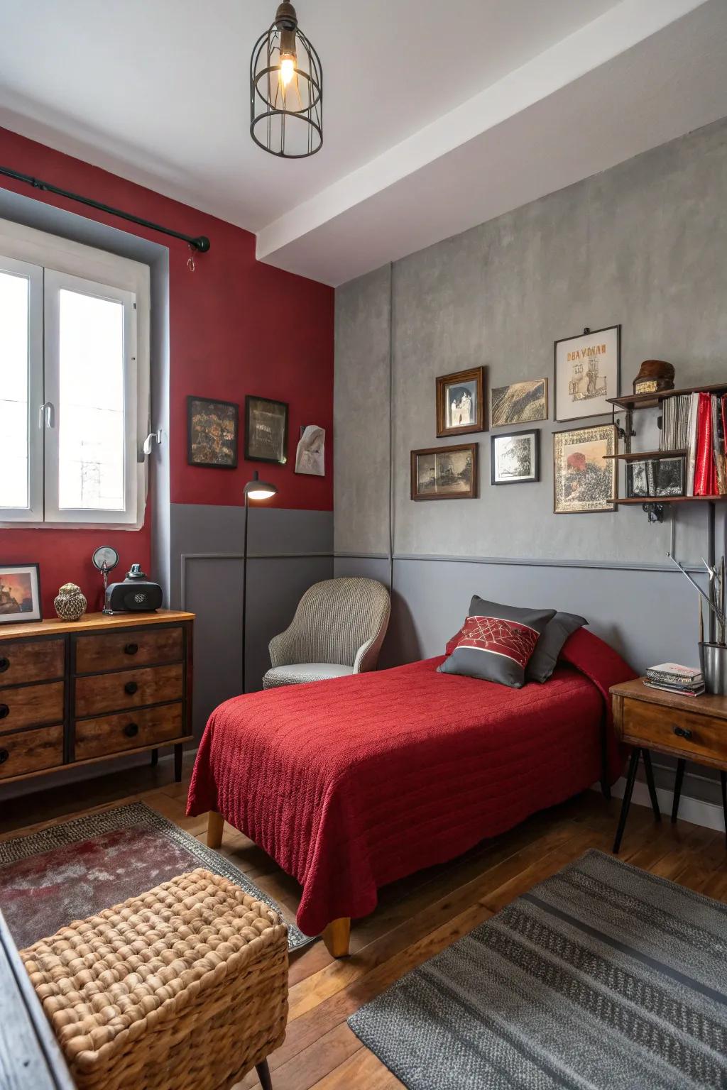 A small bedroom featuring vintage finds with a modern flair in a red and grey theme.