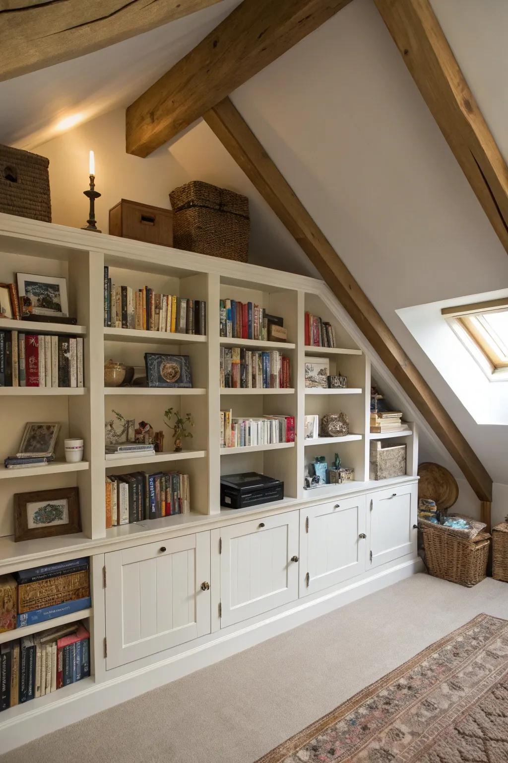 Attic room with built-in shelves utilizing the architecture.