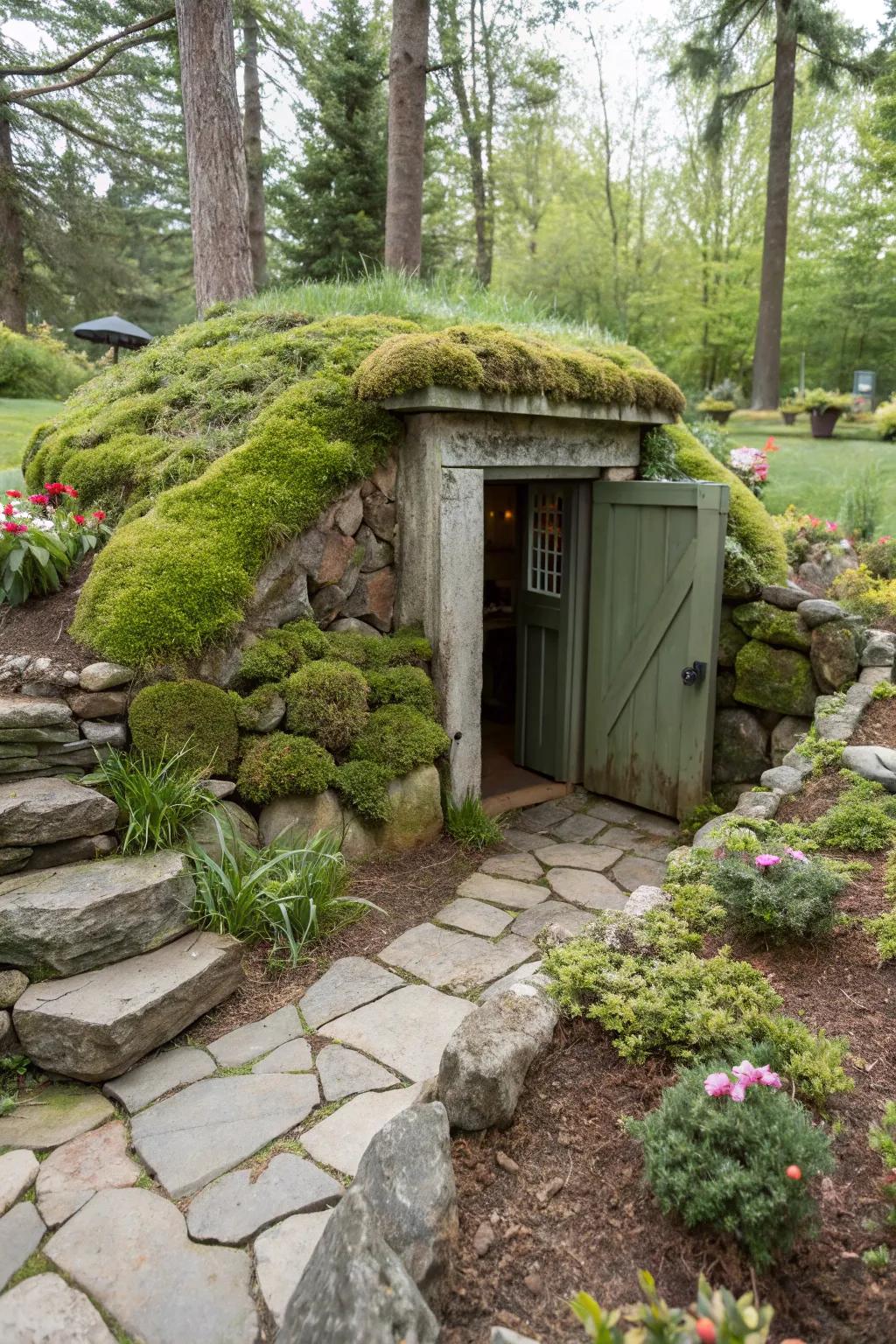 Mossy accents add a magical, forest-like feel to your storm shelter.