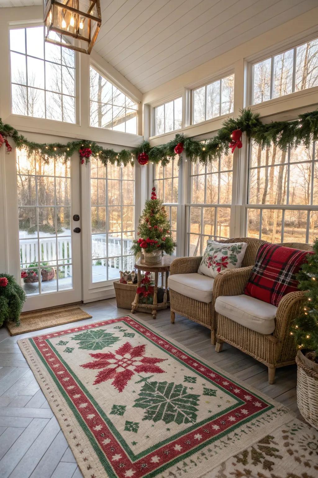 A holiday-themed rug unifies your sunroom decor.