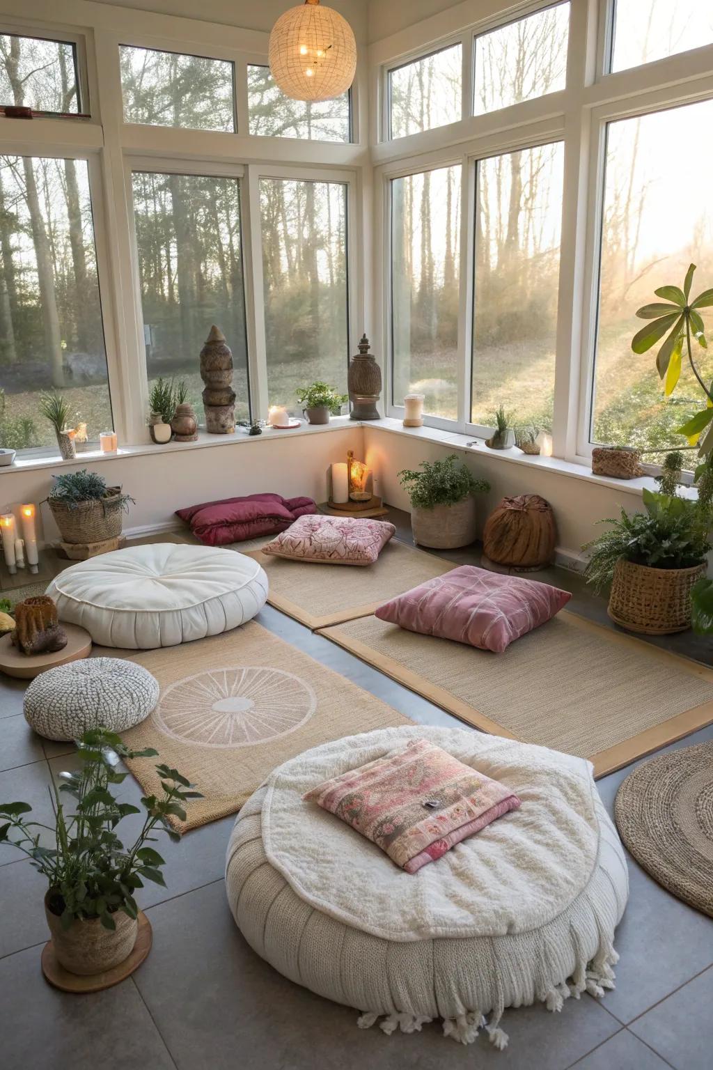 A meditation space offers tranquility in the sunroom.