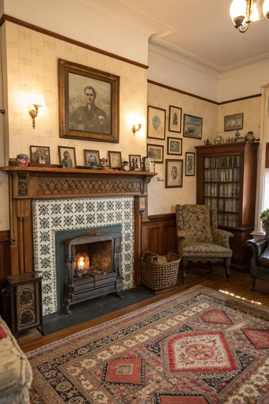 Vintage cladding offers a timeless and nostalgic charm to this fireplace.