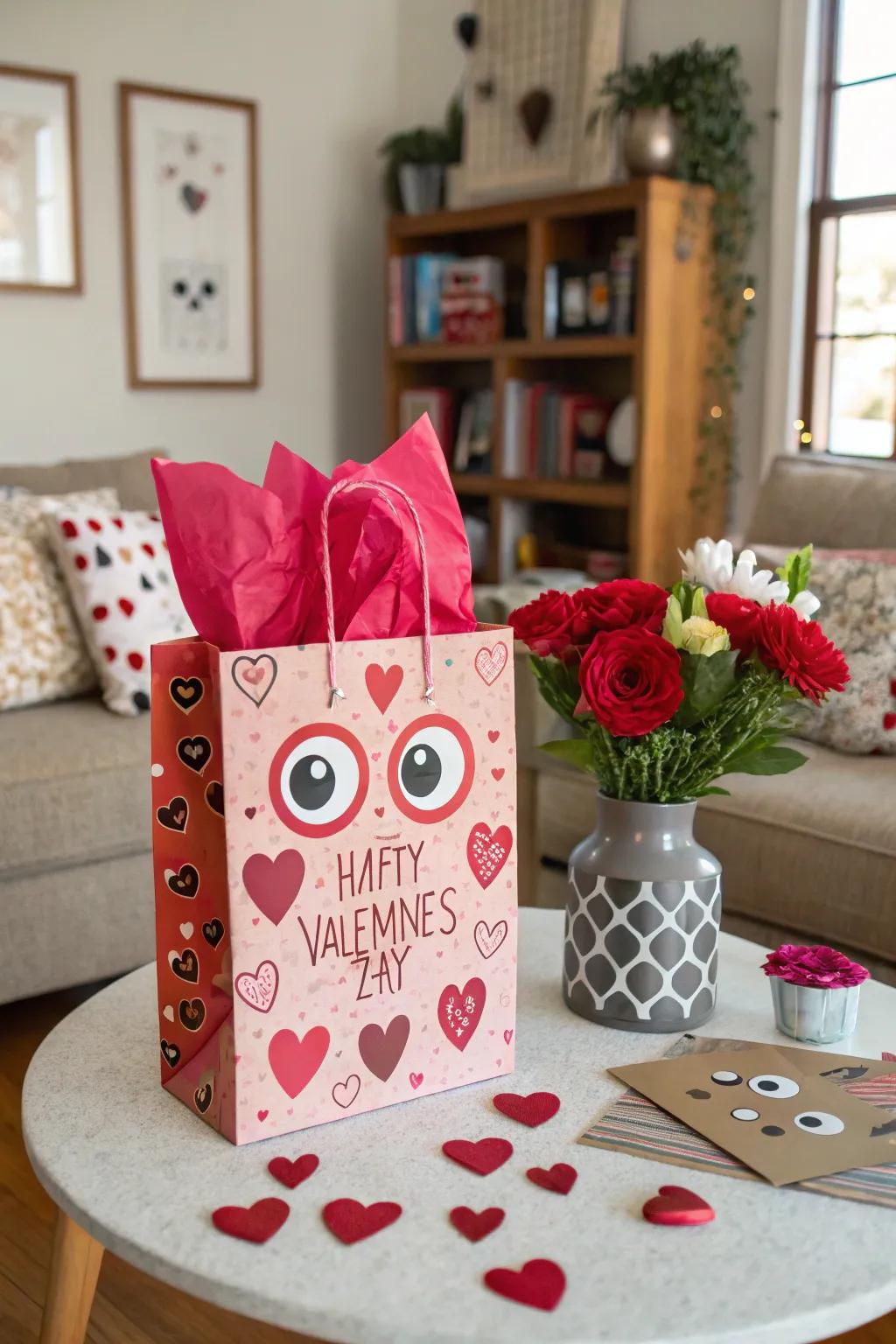 Quirky Valentine's bag with fun, unexpected elements.