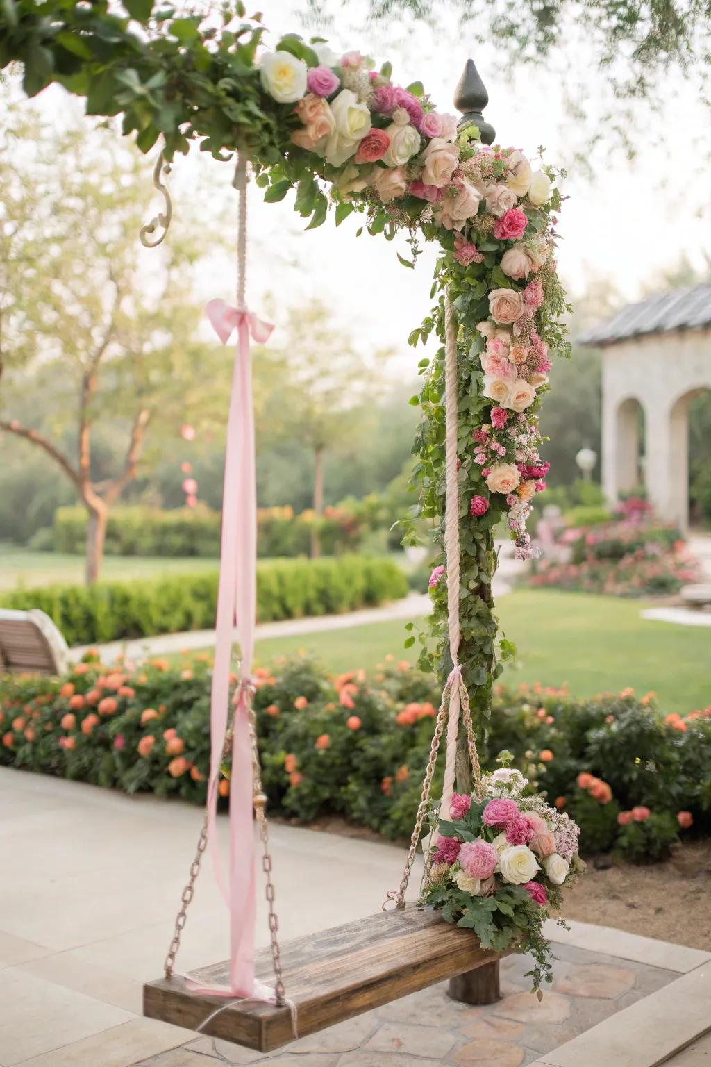 A floral swing offers a unique and joyful photo opportunity.