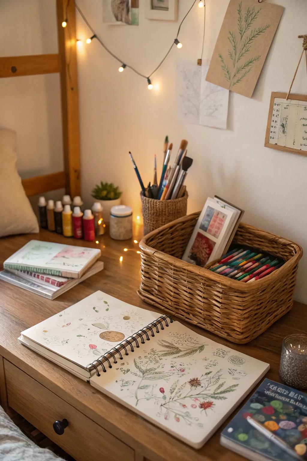 A basket keeps art supplies organized and your creative space tidy.