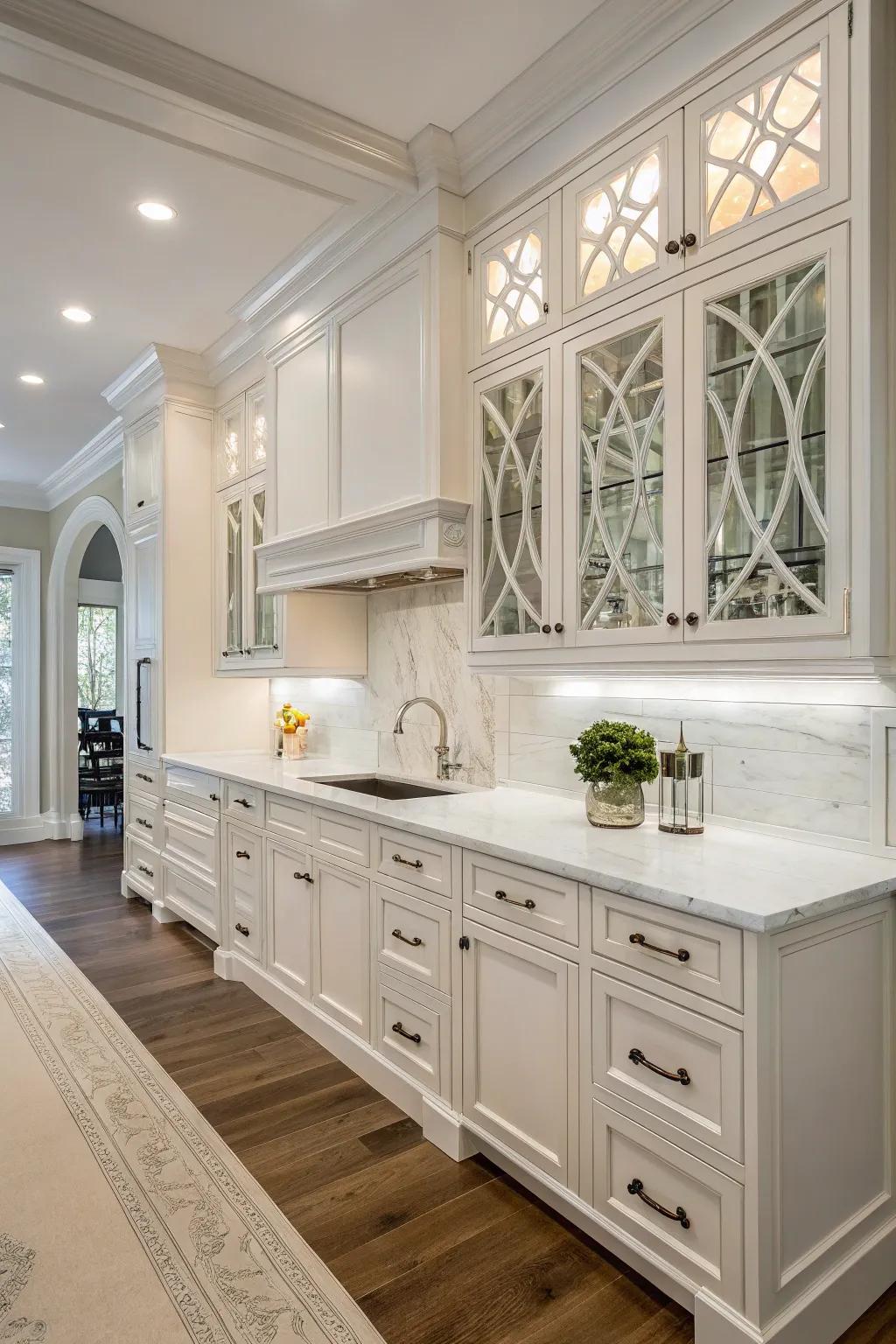 Custom millwork adds character to white kitchen cabinets.