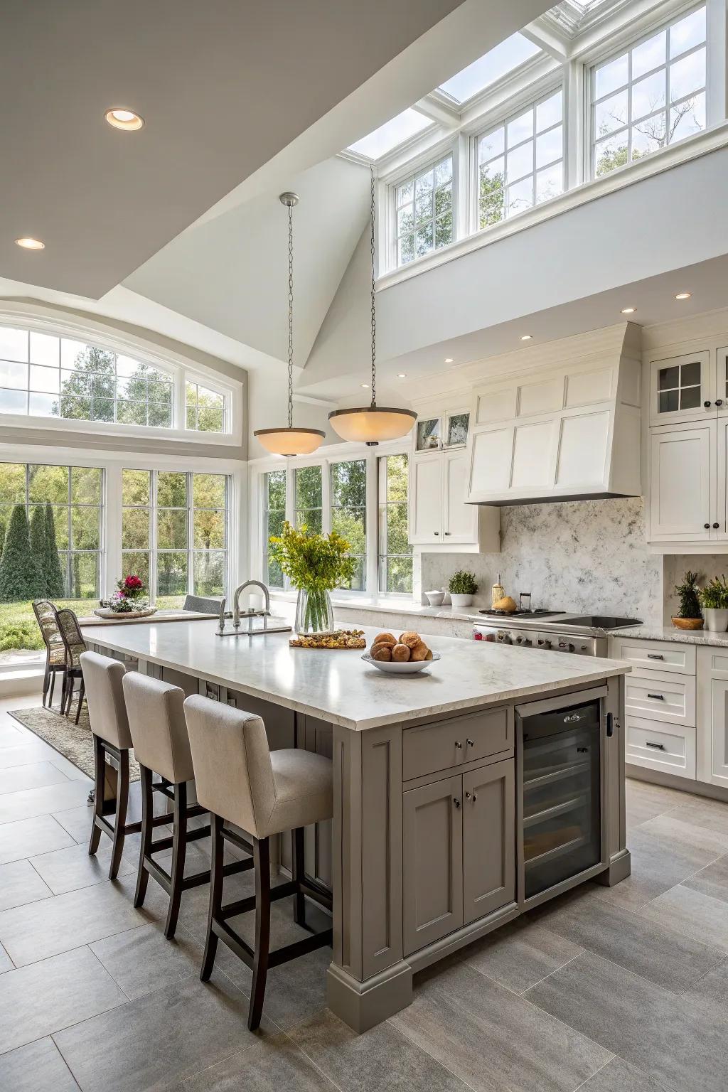 A multi-functional island enhancing a wide galley kitchen.