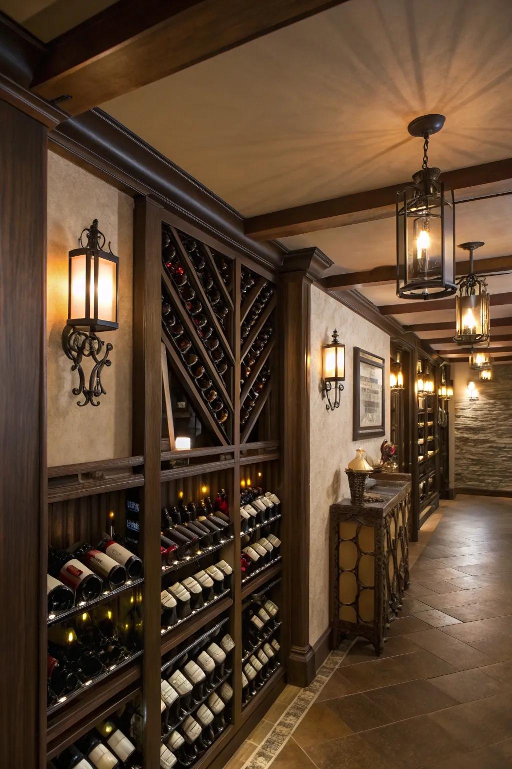 Unique wall sconces adding light and character to the wine room.