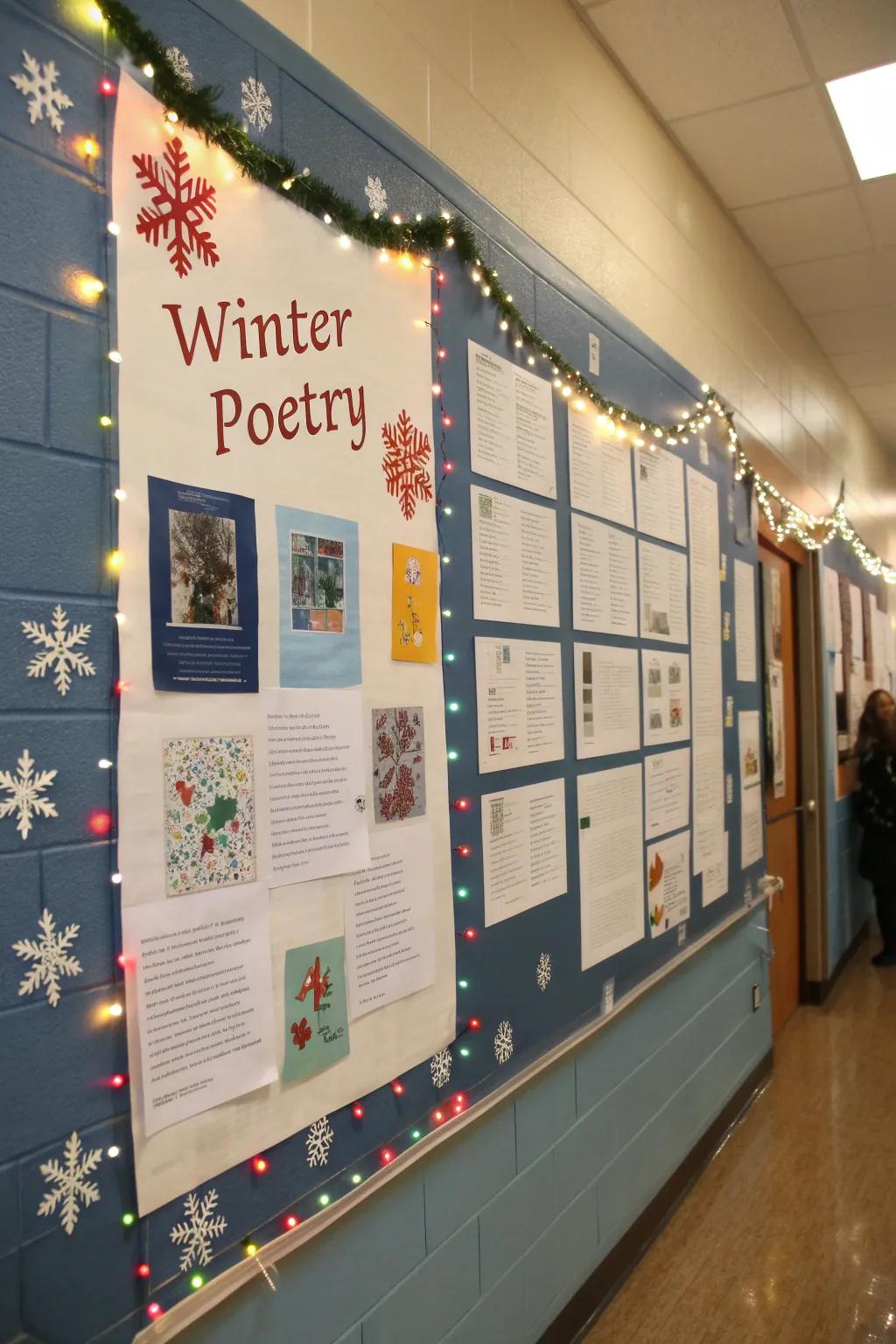 A poetry corner adds a literary element to the winter bulletin board.