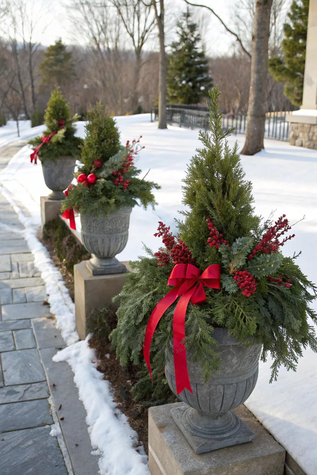 Inventive planters welcome guests with holiday cheer.