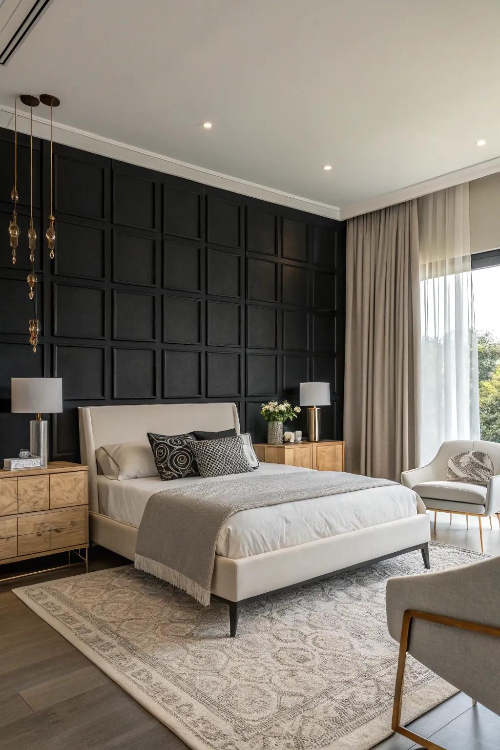 A black accent wall adds bold contrast and sophistication to the bedroom.