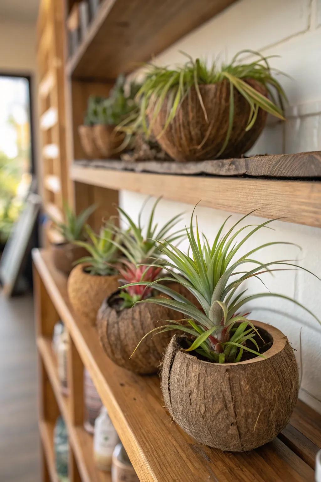 Sustainable air plant vessels fashioned from coconut shells.