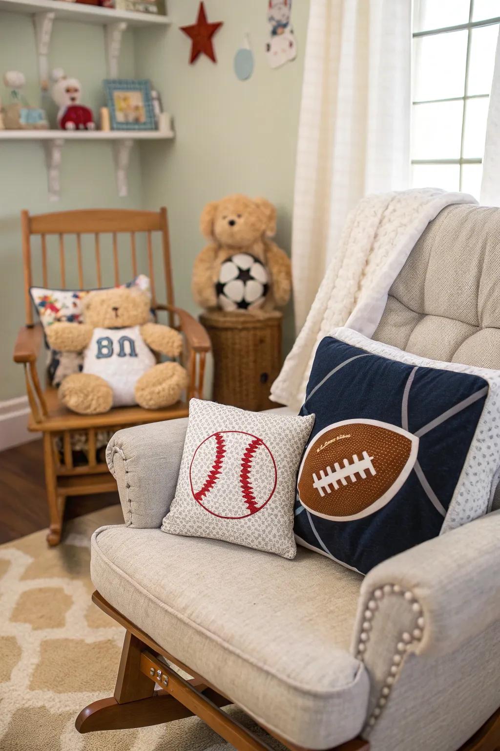 Textured sports pillows contribute comfort and thematic coherence to the nursery.