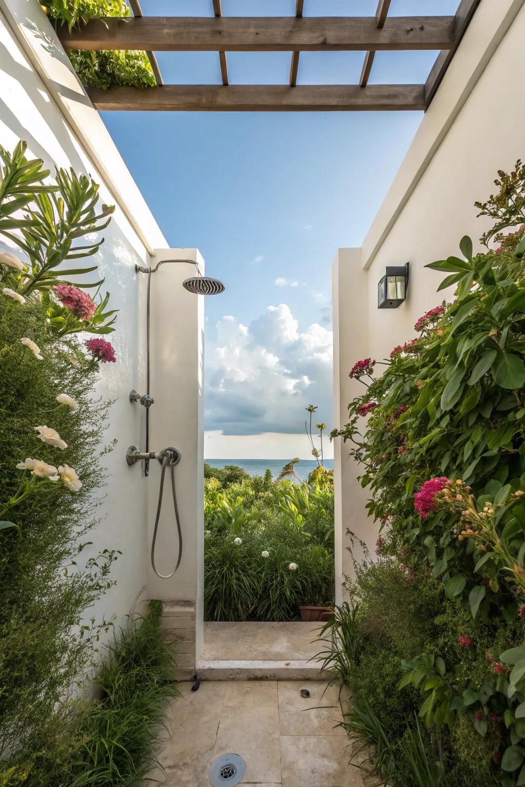 An open-air shower that offers serene views of the sky.