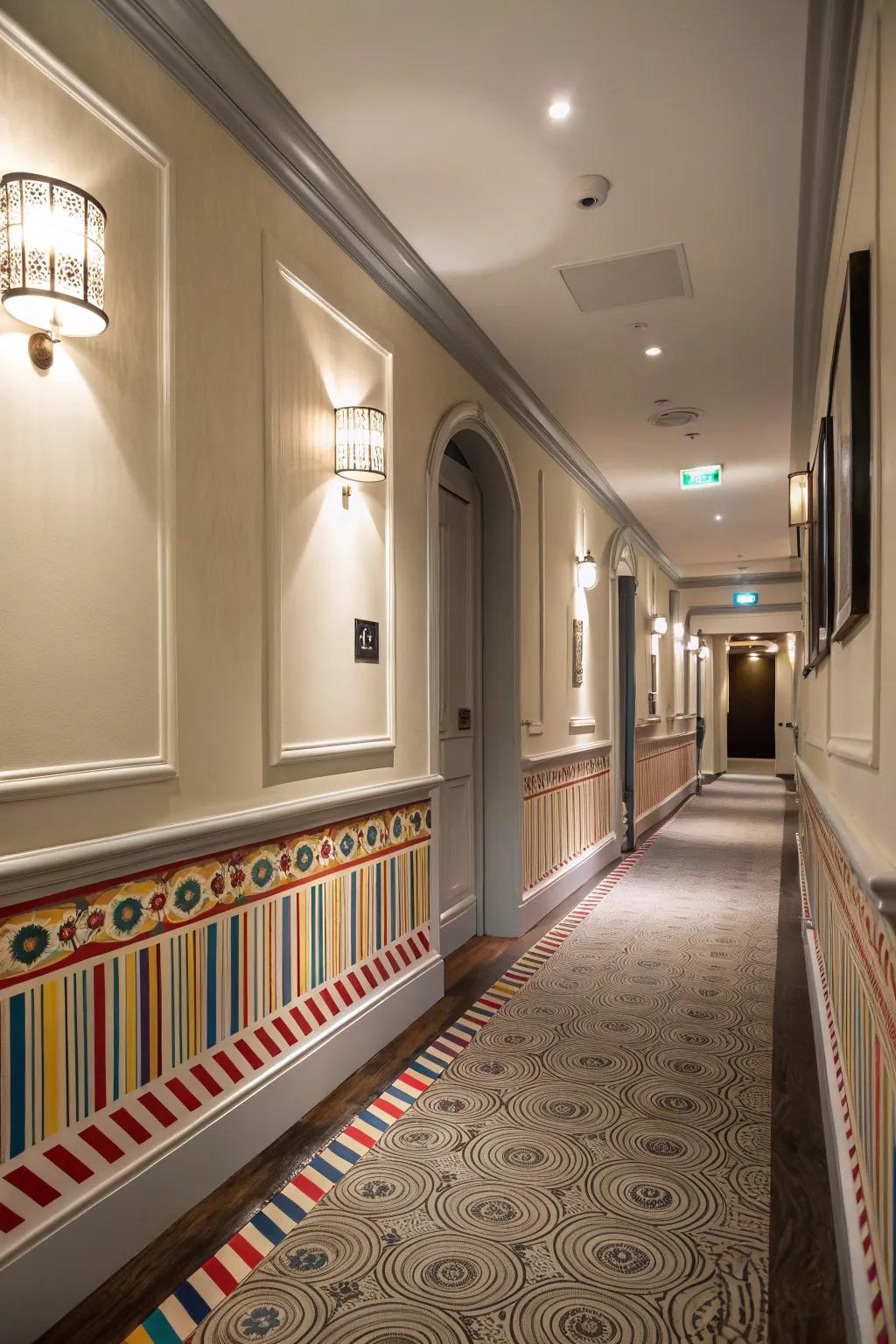 Hallway with creative painted pattern baseboard trim.