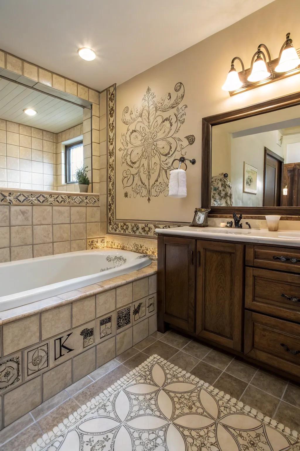 A personalized bathroom with a tub adorned with custom details.