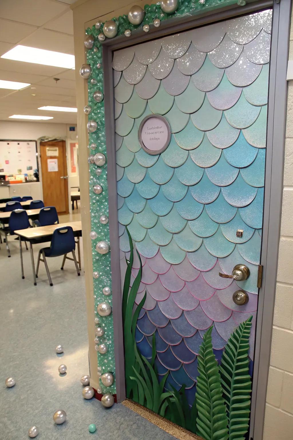 Classroom door transformed into a mystical mermaid's grotto.