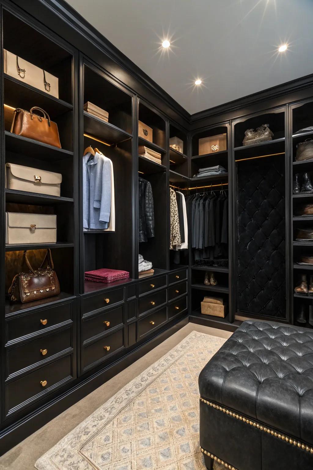 Textures and fabrics add depth and interest to the closet design.