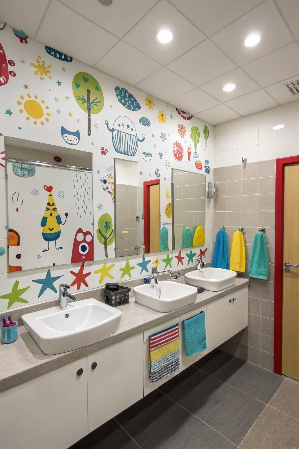 Colorful wall decals bring life to a boys' bathroom.