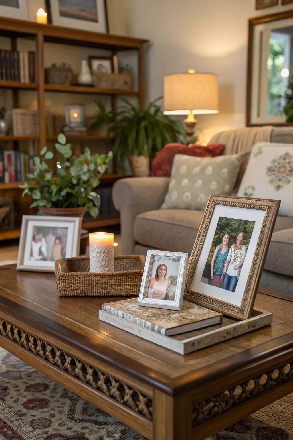 Family photos personalize your coffee table decor with cherished memories.