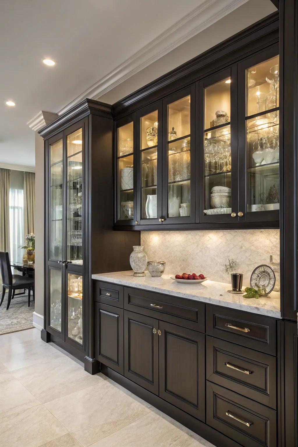 Glass elements in dark cabinets offer elegance and display opportunities.