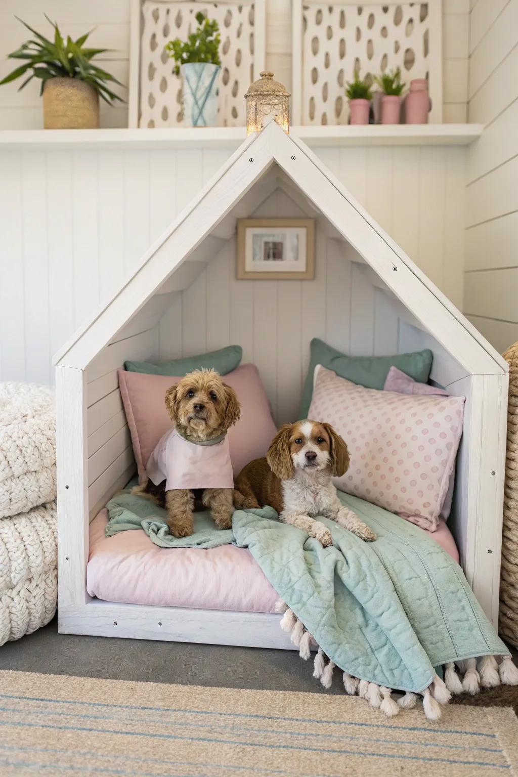 A symmetrical canine nook featuring balanced decor and comfortable bedding for a serene atmosphere.